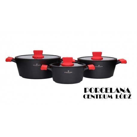 ZWIEGER OBSIDIAN Komplet 3 garnków z pokrywkami 5,5l/ 3,5l/ 2l GREBLON C3+
