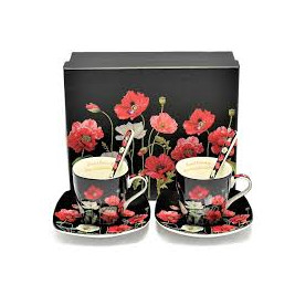 Komplet 2 filiżanki ze spodkami i łyżeczkami 80 ml mak polny, czarne tło