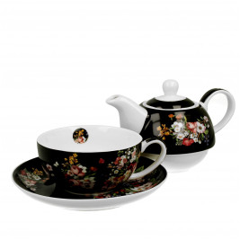 Czajniczek z filiżanką i spodkiem 350 ml VINTAGE FLOWERS BLACK 