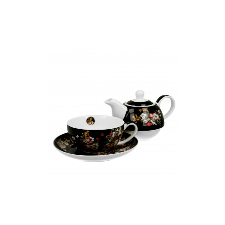 Czajniczek z filiżanką i spodkiem 350 ml VINTAGE FLOWERS BLACK 
